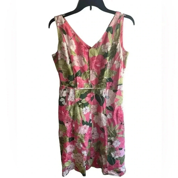 Adrianna Papell Womens Tropical Print Fit and Flare Vneck Linen Blend Dress 8 - Picture 1 of 6